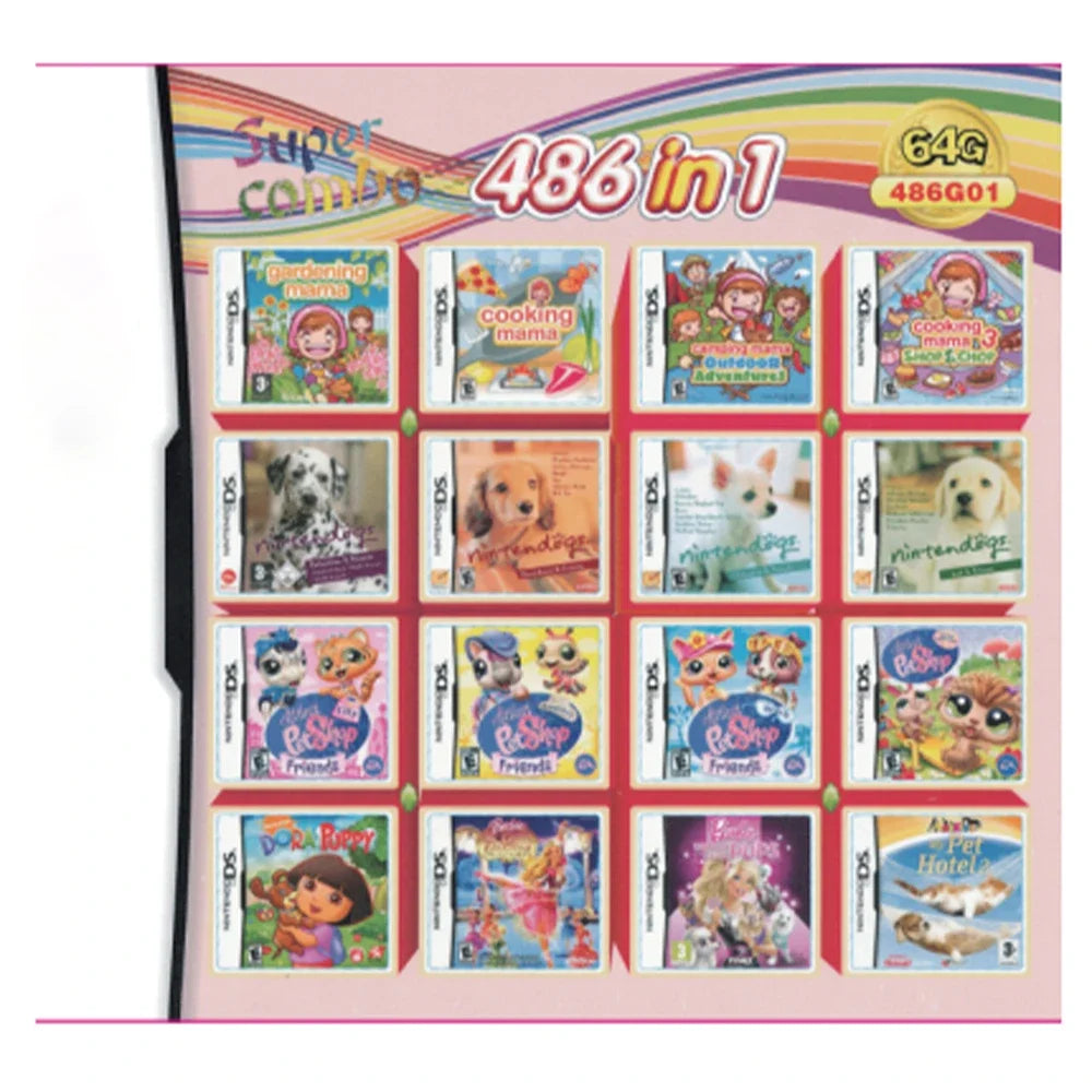 G4G 486-in-1 gaming console with various game cartridges displayed