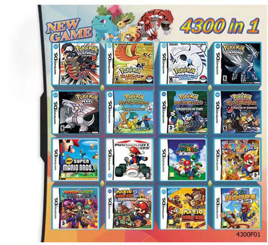 Collection of 4300 in 1 game cartridge with various game covers on a white background