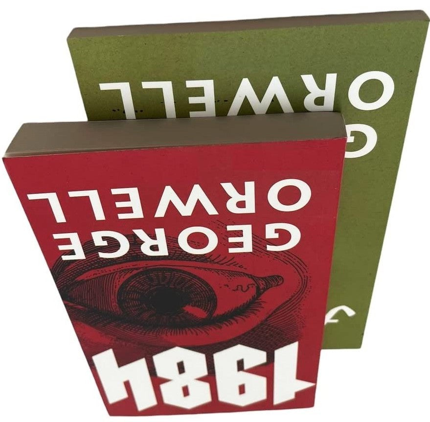 Two books (Nineteen Eighty-Four and Animal Farm by George Orwell) stacked atop each other, one red '1984' and another green 'Animal Farm' with author 'George Orwell' written across bottom of both 2-books, on a white background.
