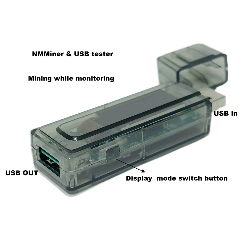 NMMiner & USB tester with labeled ports and features on a white background