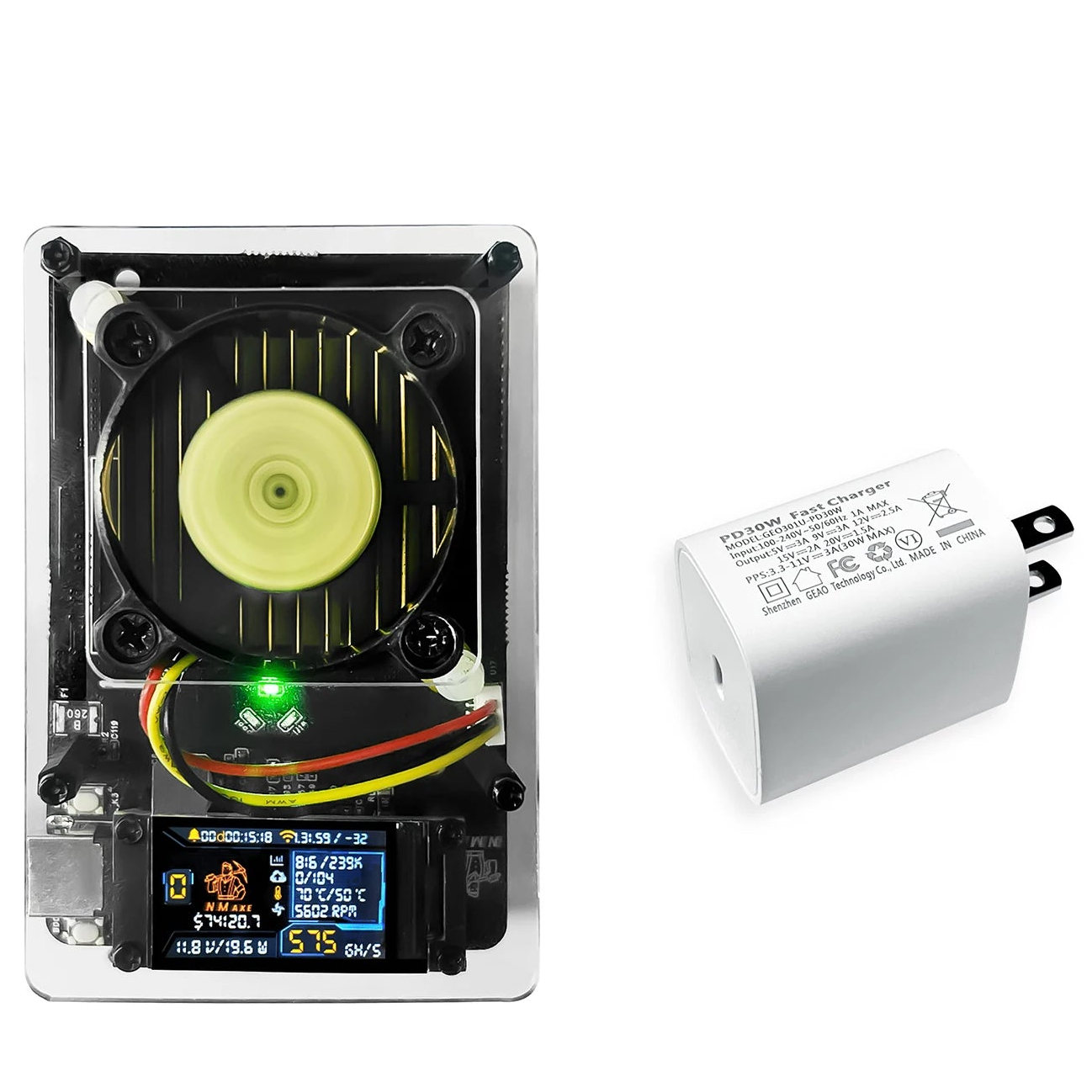 A compact Bitcoin miner BM1366 shown on a white background, featuring a clear plastic case with a black fan, internal heatsink, wiring, and a small digital display, alongside a white wall charger.