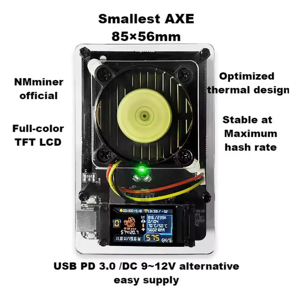 NMAxe NerdMiner with fan and display, labeled as 'Smallest AXE' with specifications.