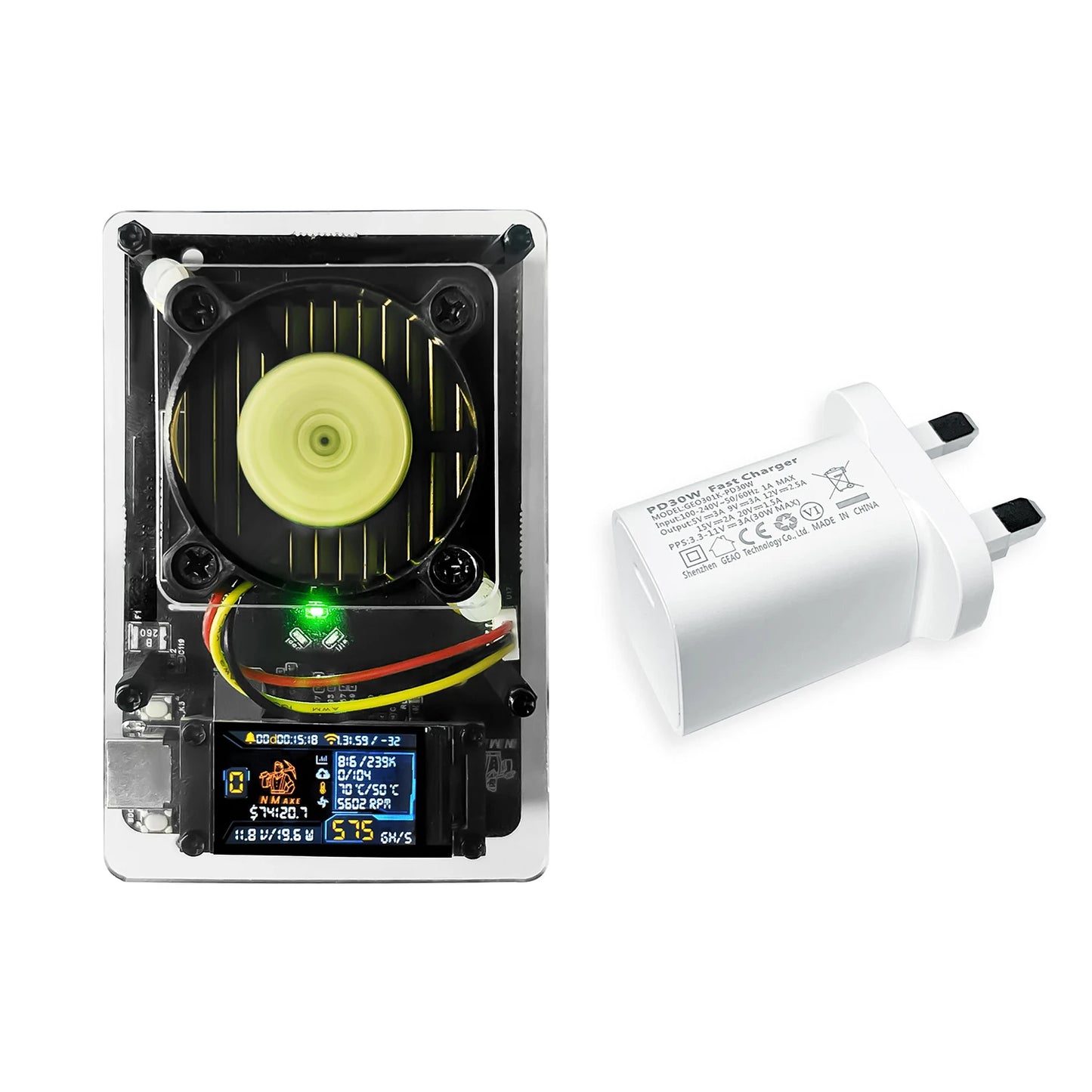NM Axe Bitaxe 550 GH/s BM1366 Bitcoin Crypto Miner with fan and power supply on a white background