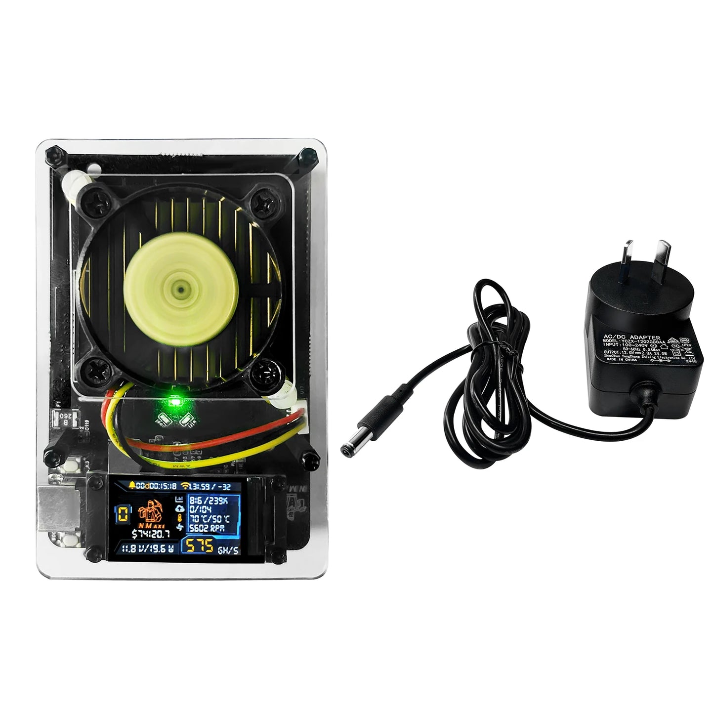 NM Axe Bitaxe 550 GH/s BM1366 Bitcoin Crypto Miner with fan and power supply on a white background