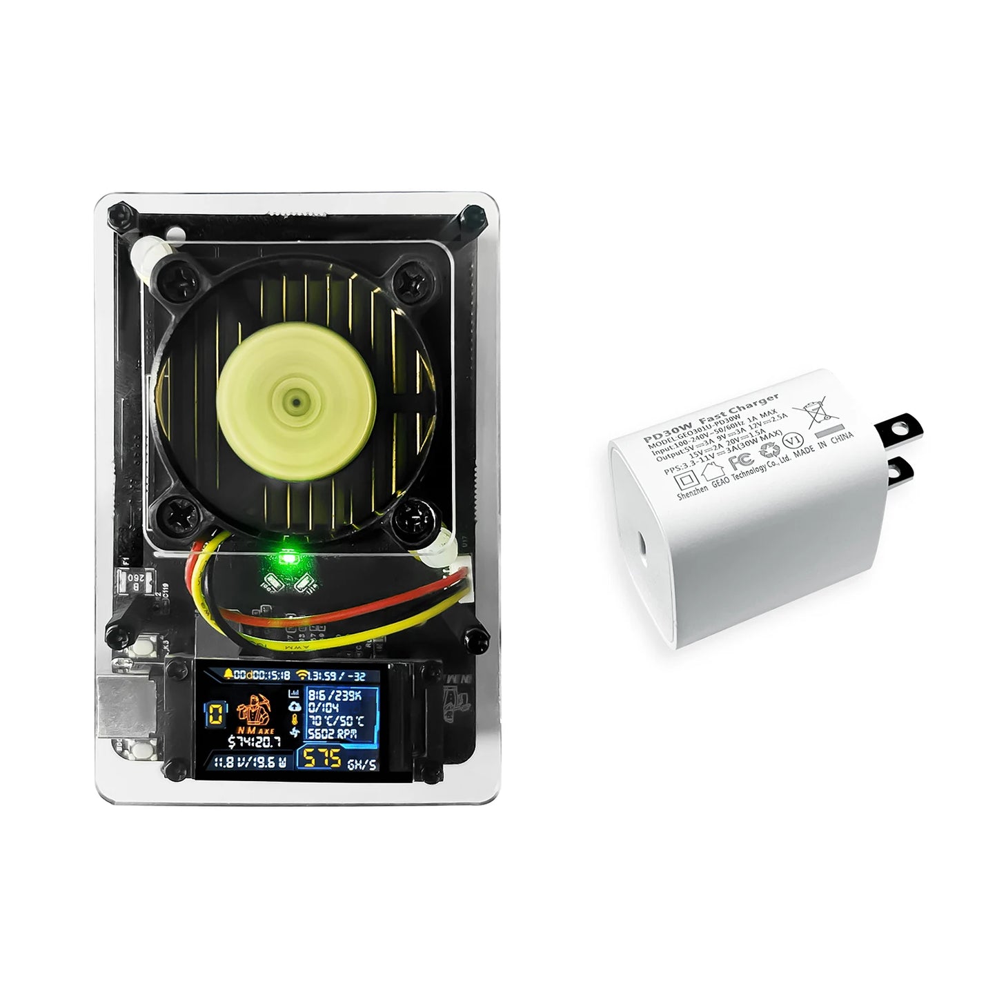 NM Axe Bitaxe 550 GH/s BM1366 Bitcoin Crypto Miner with fan and power supply on a white background