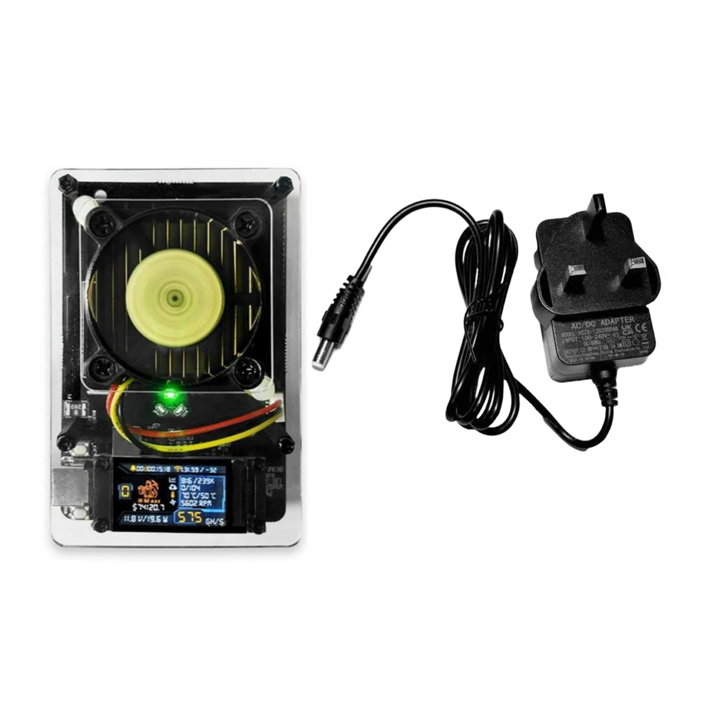NM Axe Bitaxe 550 GH/s BM1366 Bitcoin Crypto Miner with fan and power supply on a white background