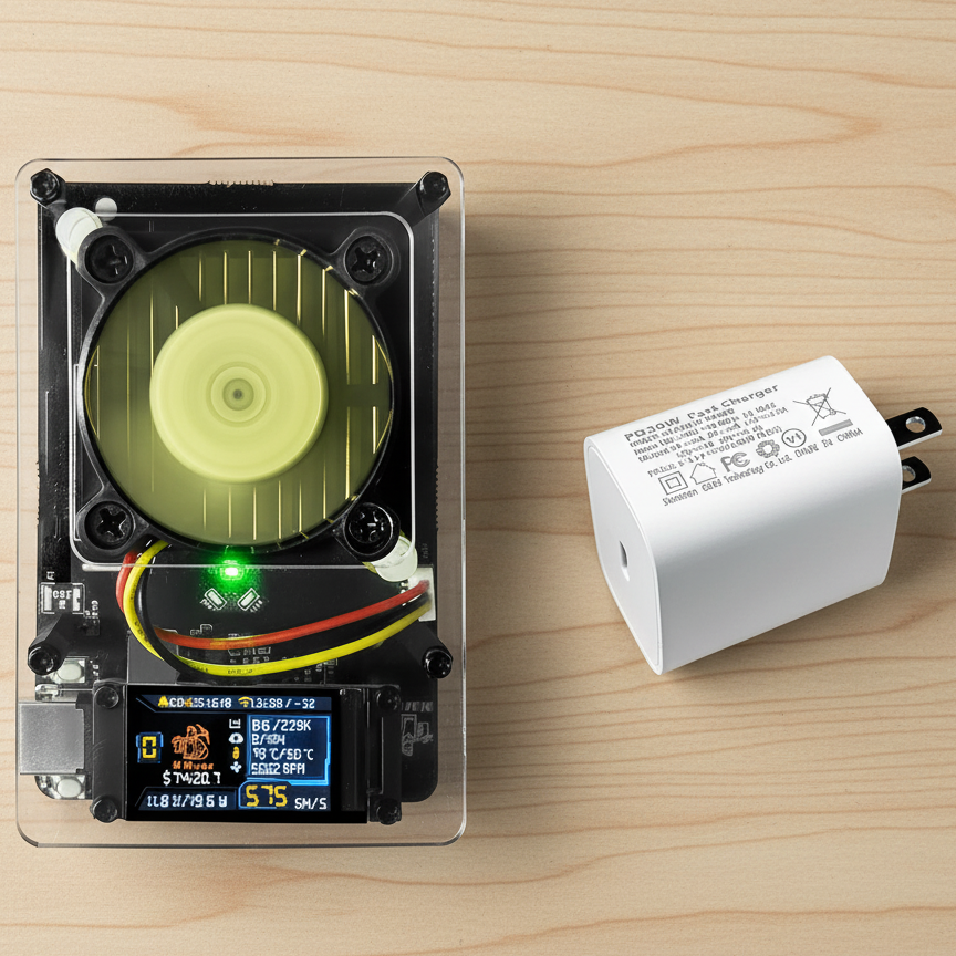 A Bitcoin miner 601 Gamma with a circular fan, circuitry, and a small display sits on a light wood surface next to a white wall charger.
