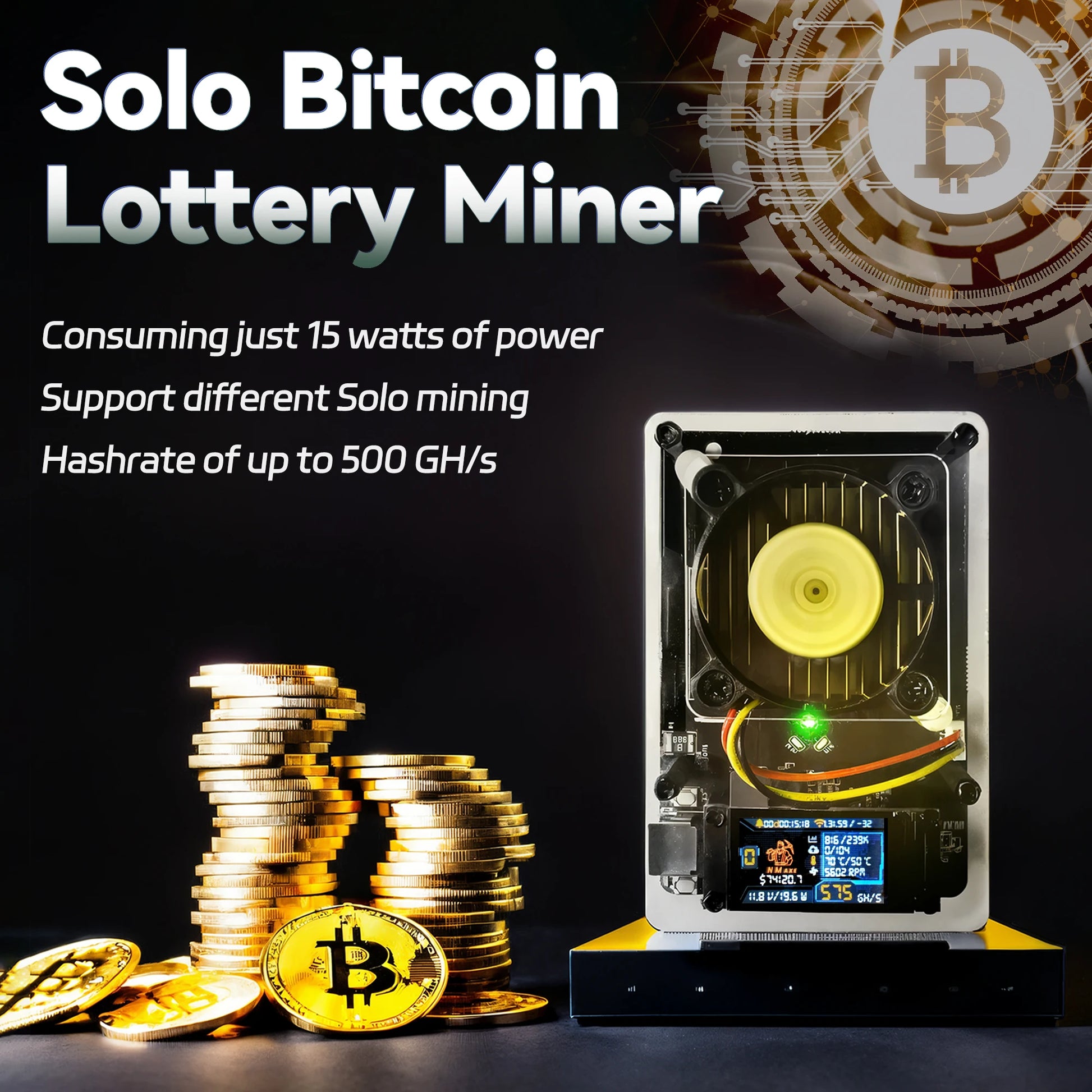 Solo Bitcoin Lottery Miner with Bitcoin symbols and power consumption details on a dark background