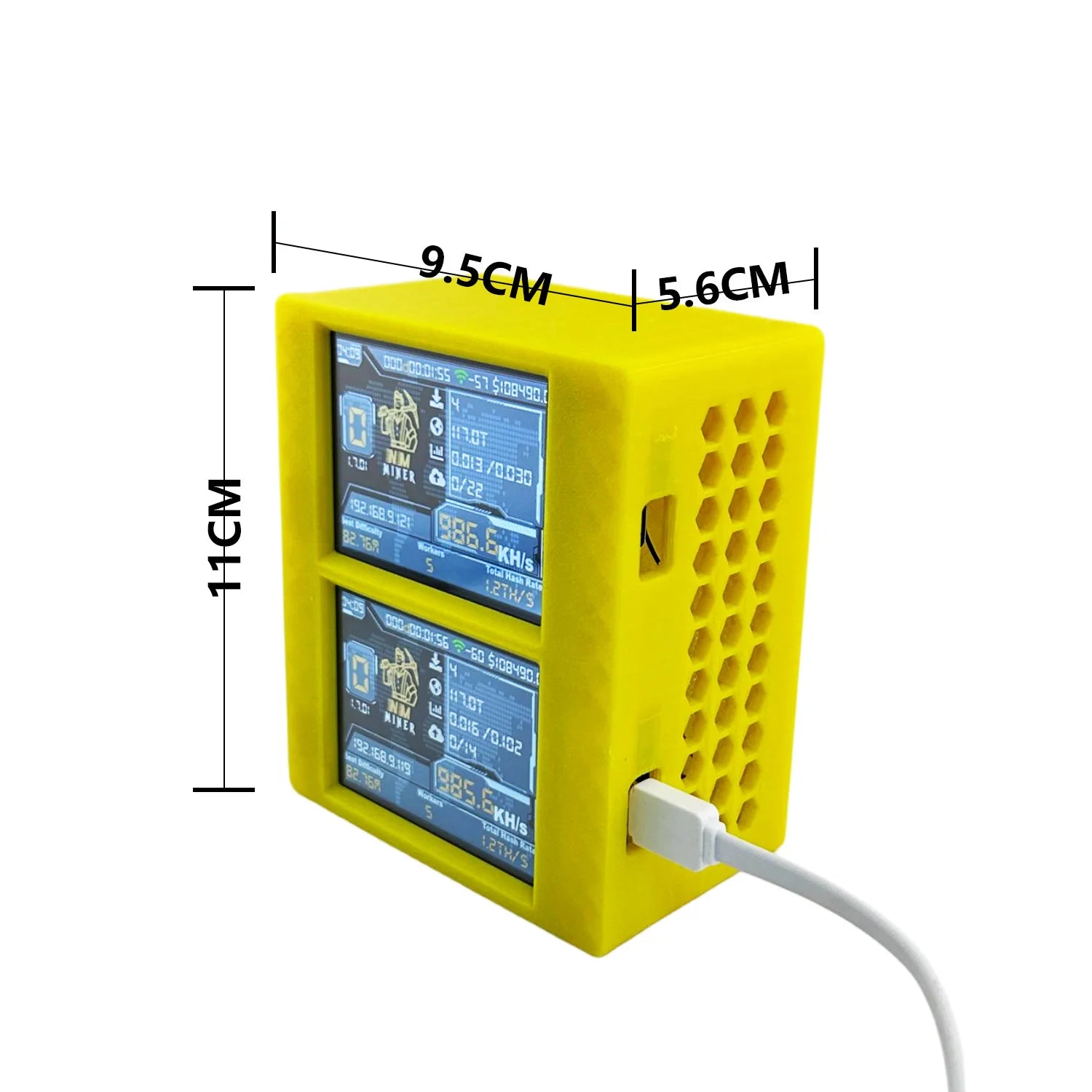 Yellow electronic desktop bitcoin miner with dual screens and USB connection, showing dimensions on a white background.