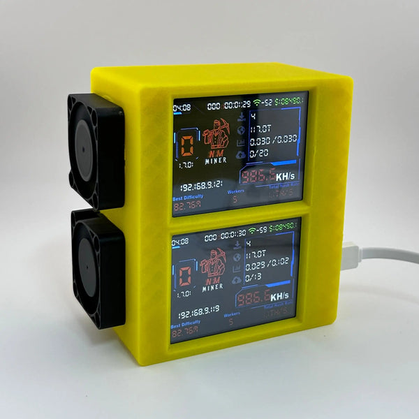 Yellow NerdMiner Stack with digital displays and fans on a white background, connected to power for low power mining.