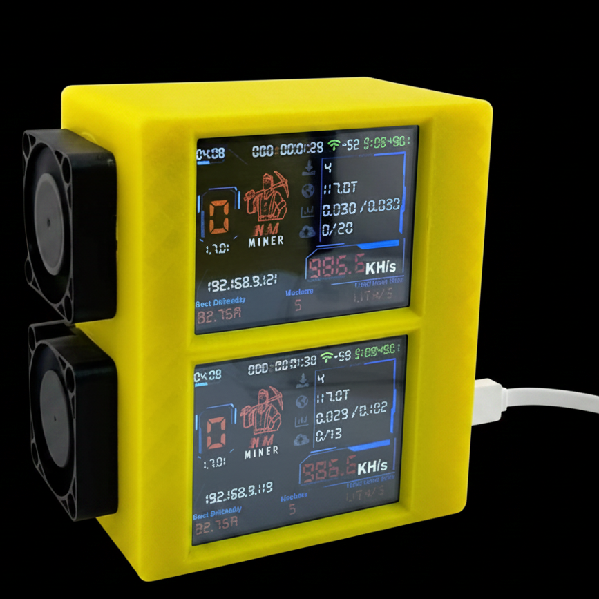 A yellow NerdMiner stack with two black cooling fans on the left side and two digital screens showing mining data, with a white cable plugged in from the right, set against a solid black background.