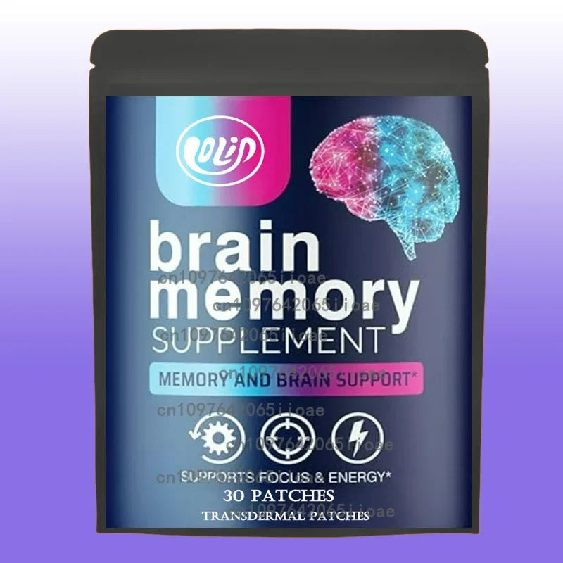 Brain memory supplement packaging with a brain illustration on a purple background