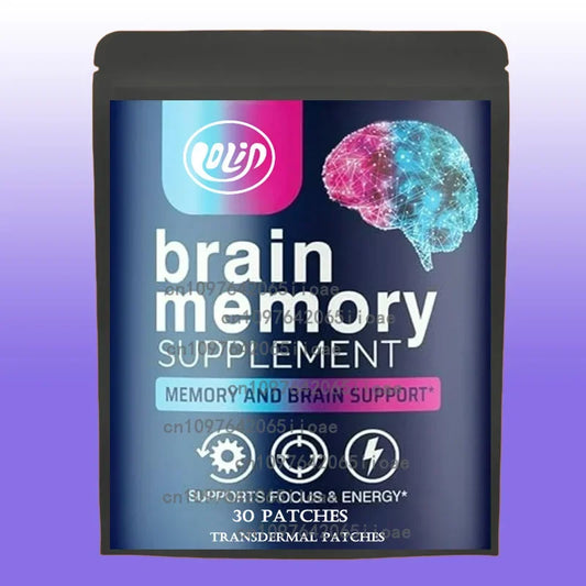 Brain memory supplement packaging with a brain illustration on a purple background