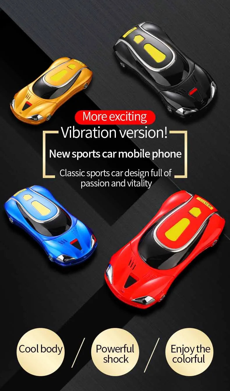 Four sports car-shaped mobile phones with different colors on a dark background.