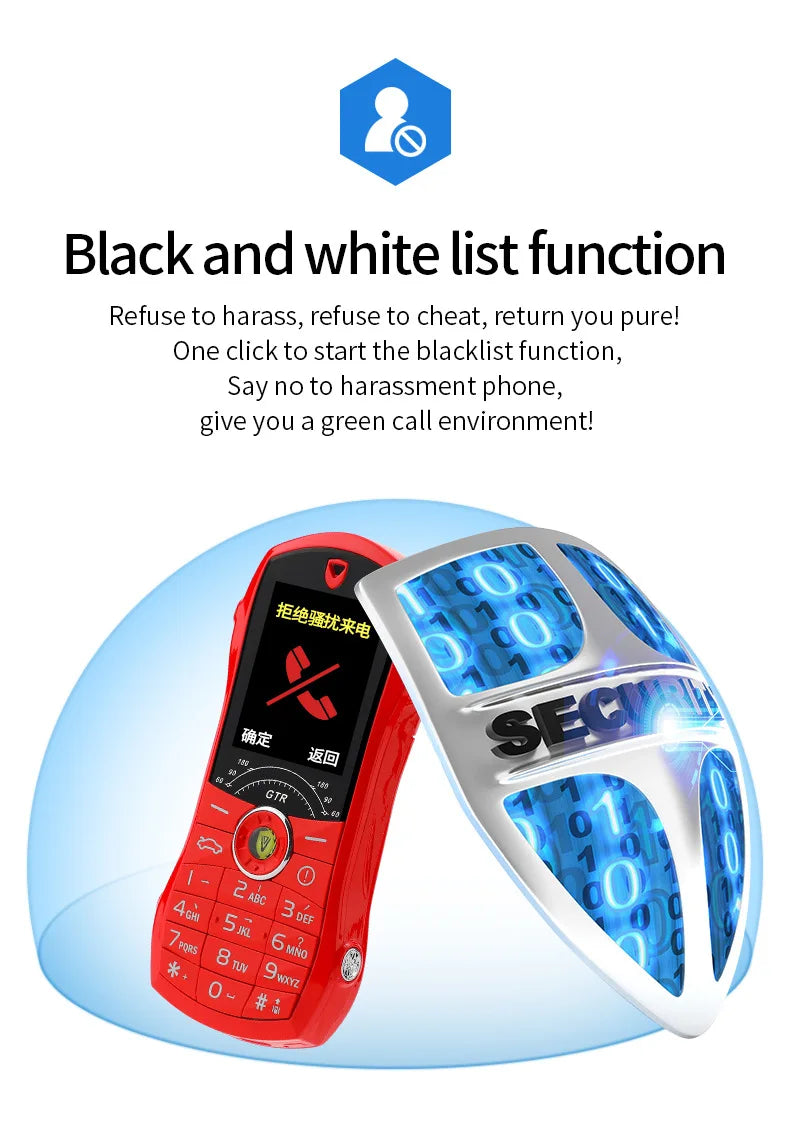 Red phone and blue security device with text about blacklist function on a white background
