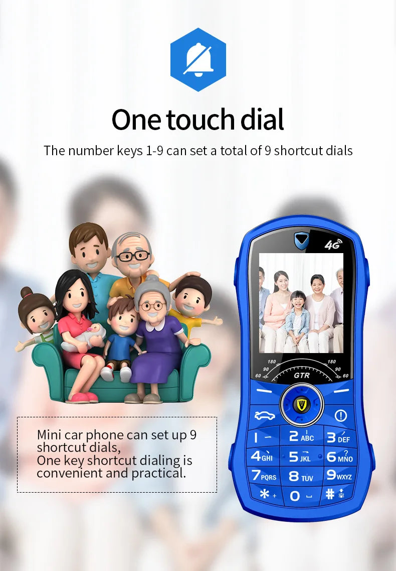 Blue phone with cartoon family illustration on a white background, featuring One Touch Dial text.