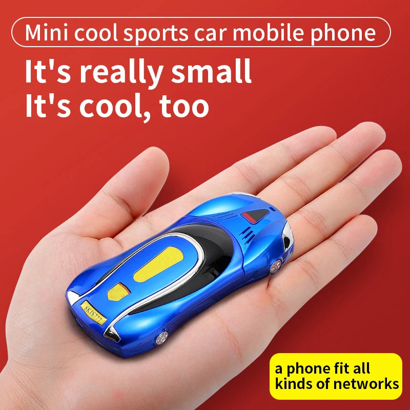 Blue sports car-shaped phone held in a hand against a red background with promotional text.