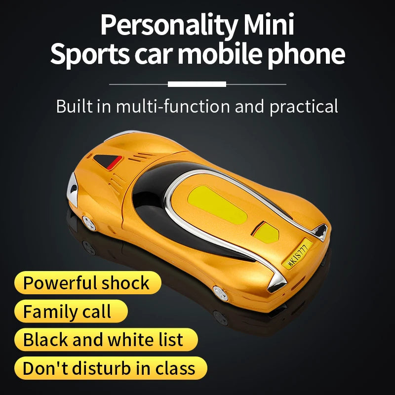 Yellow sports car-shaped phone with text on a black background