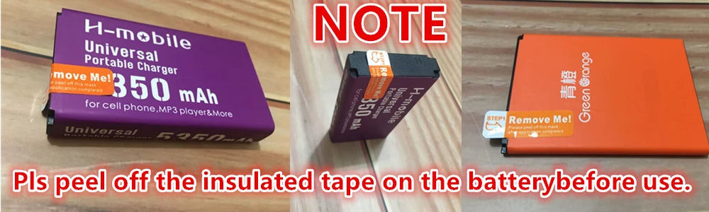 Two batteries, one purple and one orange, with text on a wooden surface.