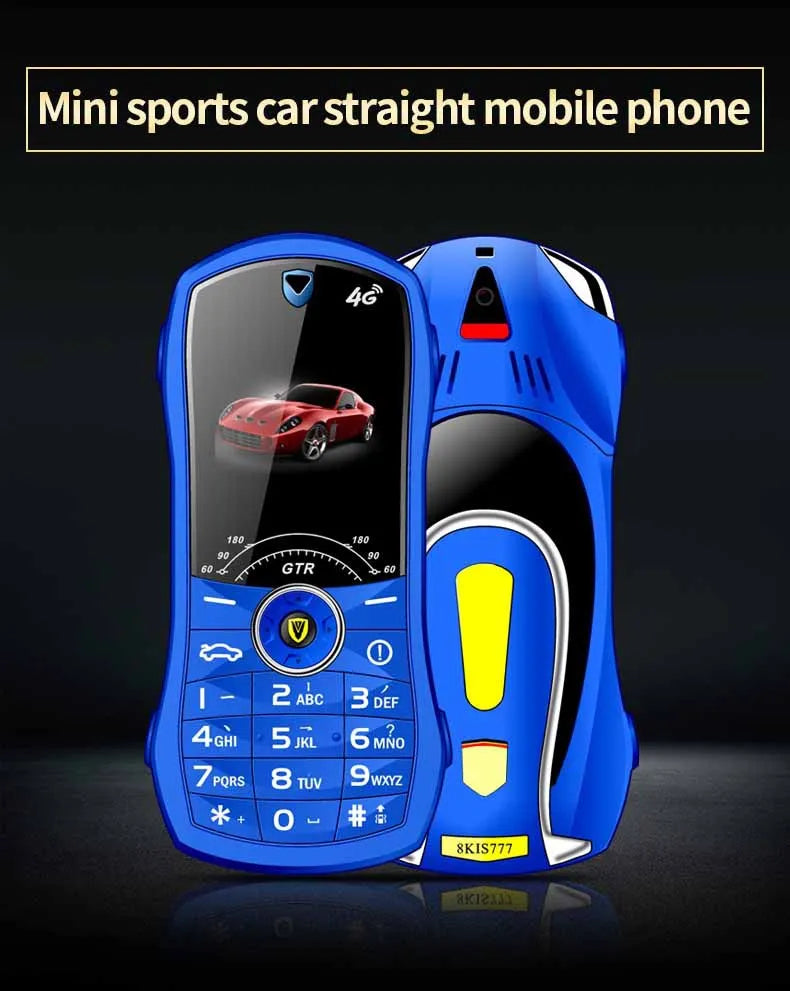 Blue sports car-shaped mobile phone with a black background