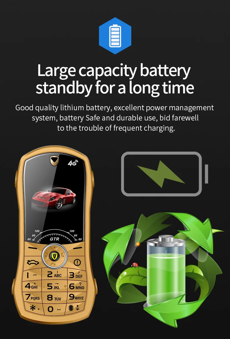 Gold mini phone with battery icon and text about large capacity battery on a black background
