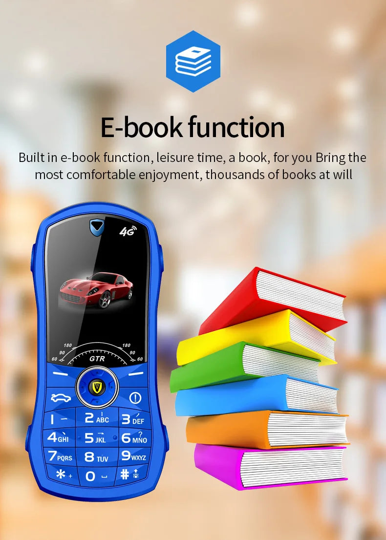 Blue phone with e-book function feature and colorful books on a blurred background