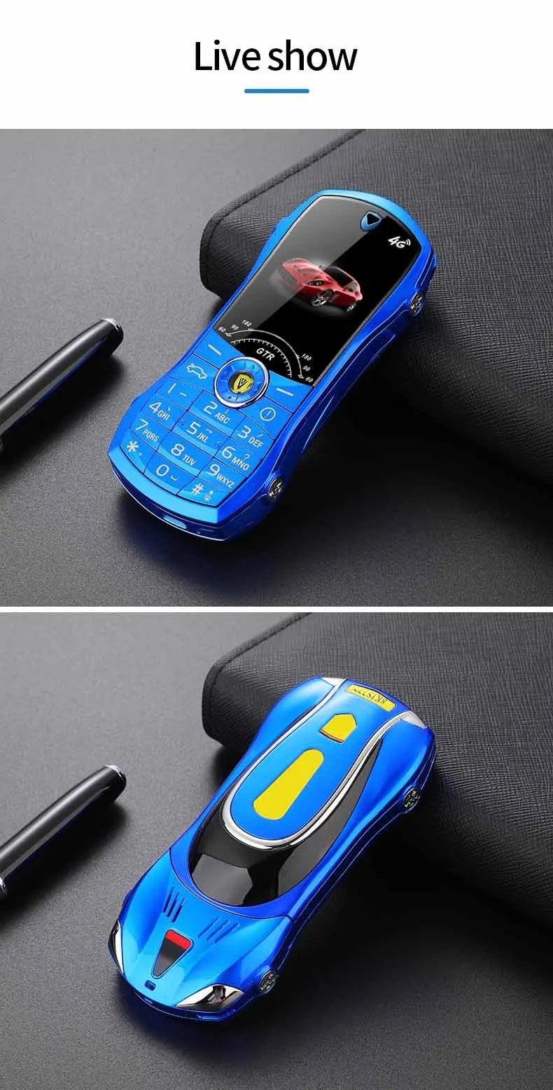 Blue mini phone with logo on a dark background