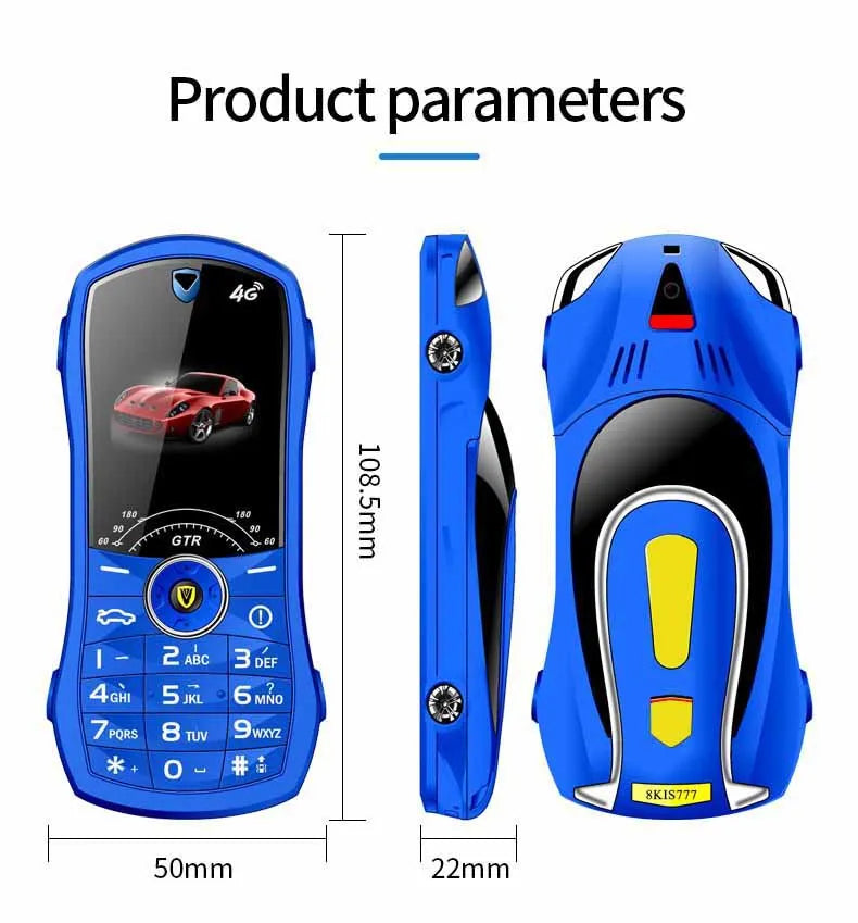 Blue mini phone with dimensions displayed