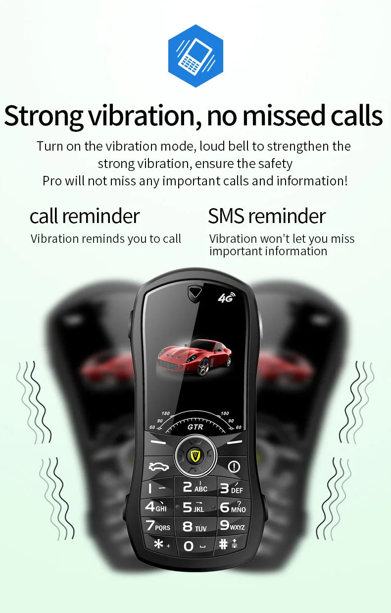 Black phone with vibrant display on a white background, emphasizing vibration and call reminder features.