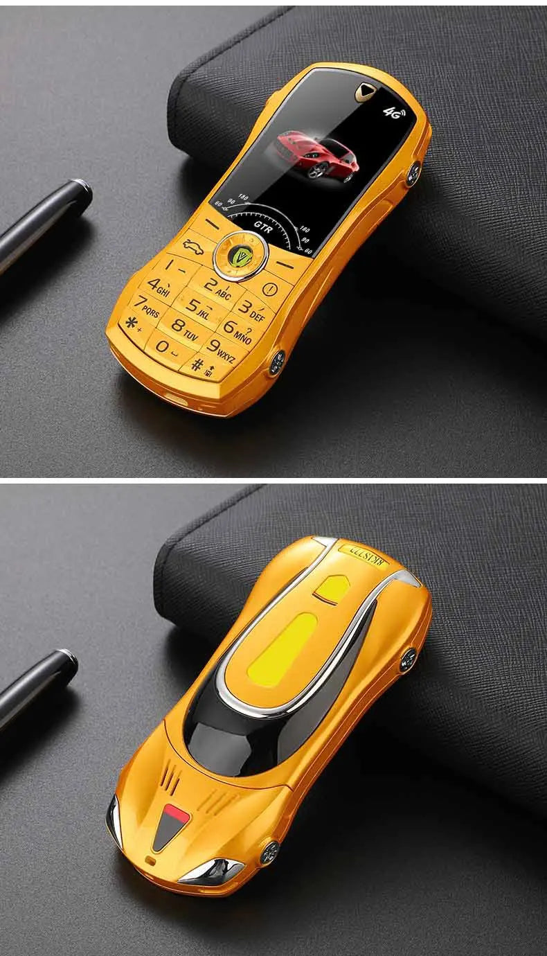 Gold mini phone with logo on a dark surface