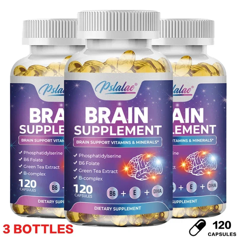 Three bottles of Pstlalae Brain Supplement on a white background