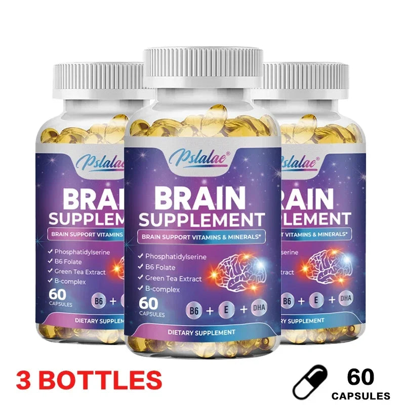 Three bottles of a brain supplement with visible labels and capsules.