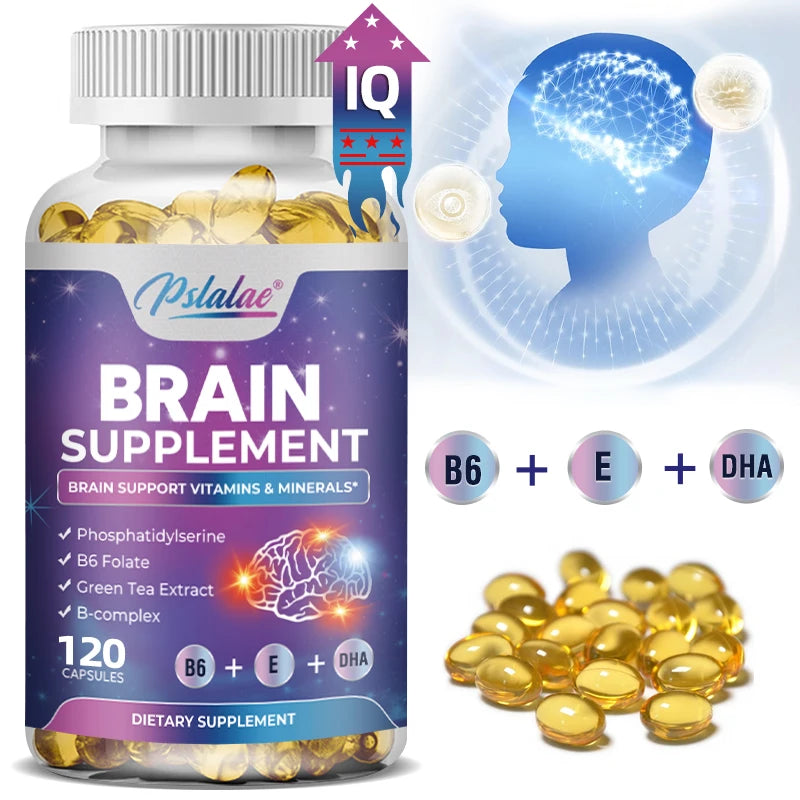 Brain supplement bottle with capsules and IQ graphic on a white background
