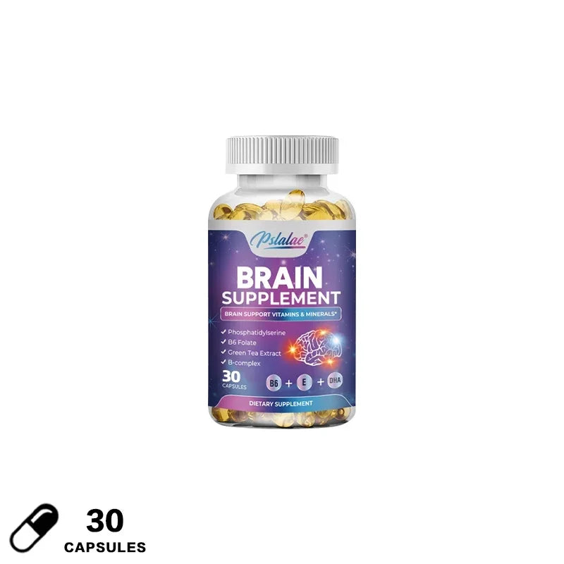 Brain nootropic supplement bottle with capsules on a white background