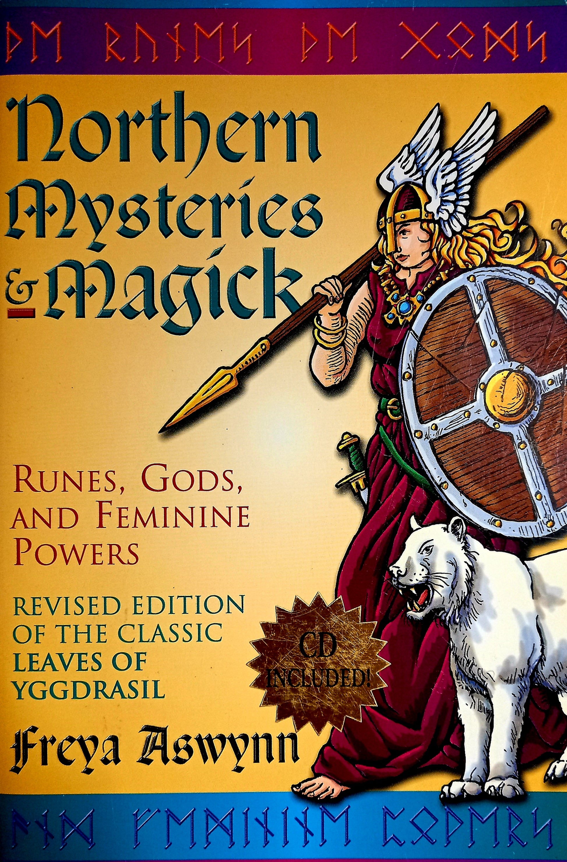 Book cover of 'Northern Mysteries & Magick' with a Viking warrior and white wolf on a yellow background