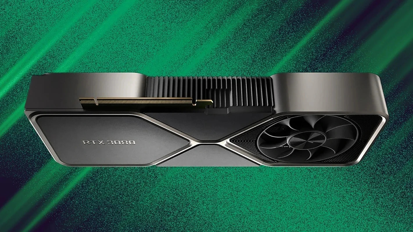 NVIDIA graphics card on a green and blue gradient background