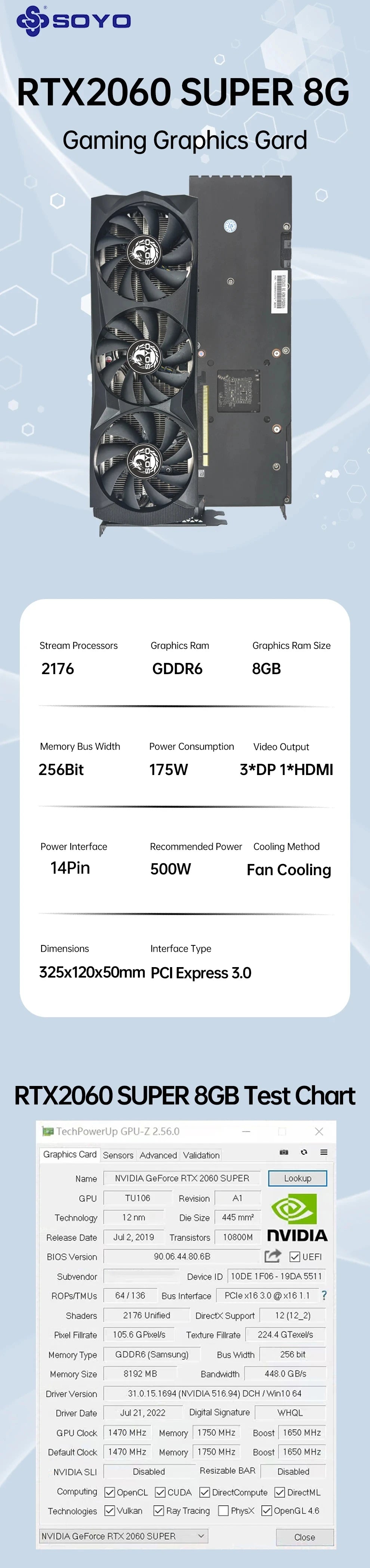 Graphics card with specifications and branding on a blue background