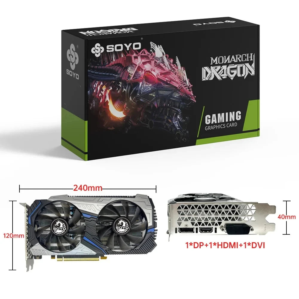 Soyo Monarch Dragon graphics card packaging with specifications on a white background