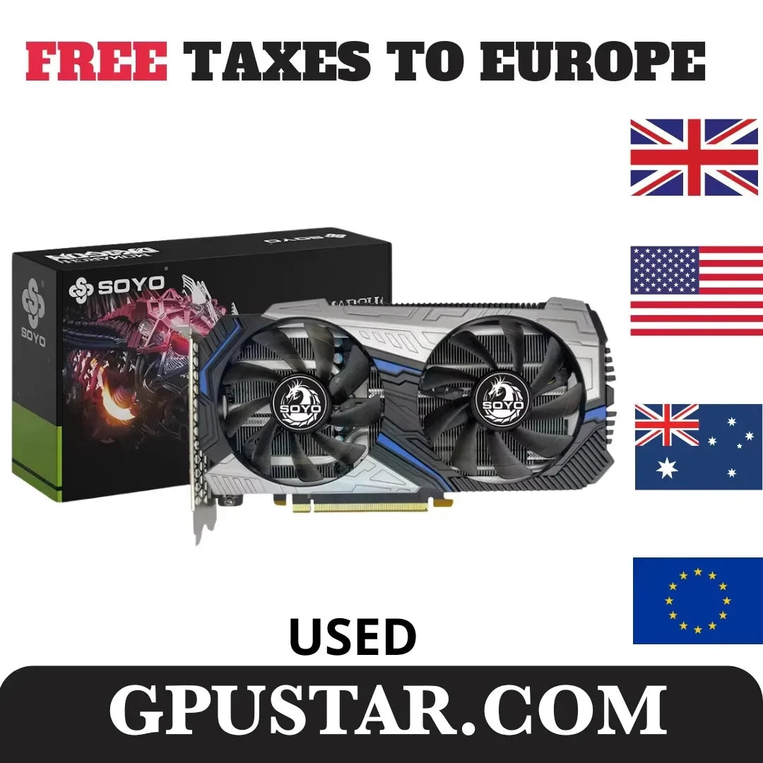 Used graphics card with SOYO branding, packaging, and flags of various countries on a white background.