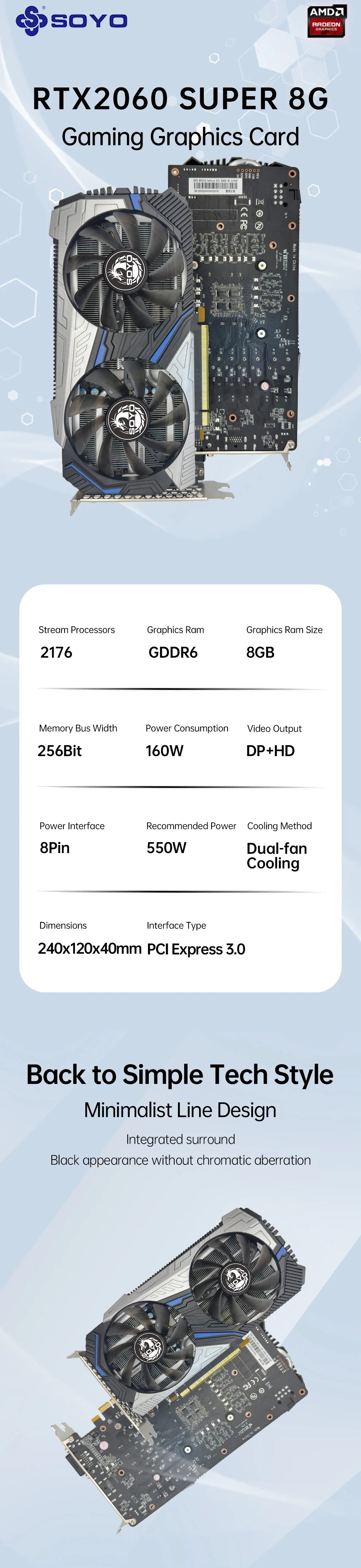 Gaming graphics card with specifications on a light blue background