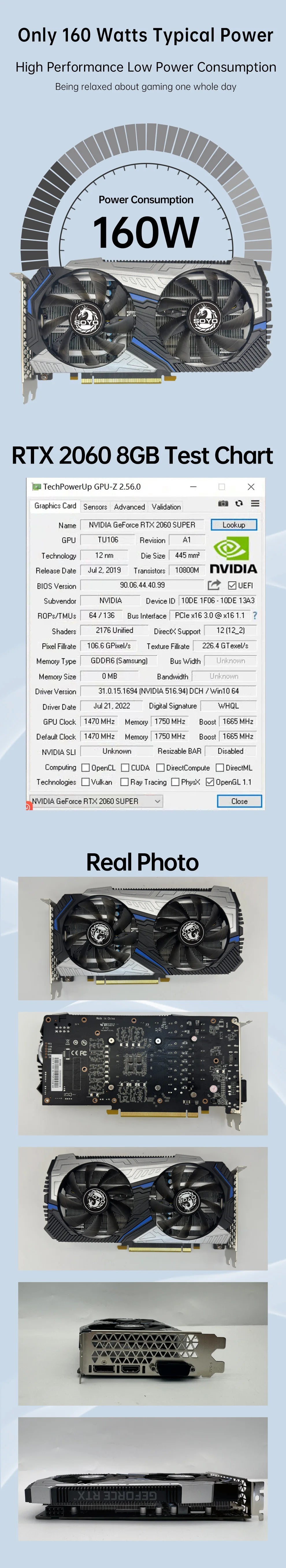 RTX 2060 GPU test chart with power consumption details and real photo comparison.