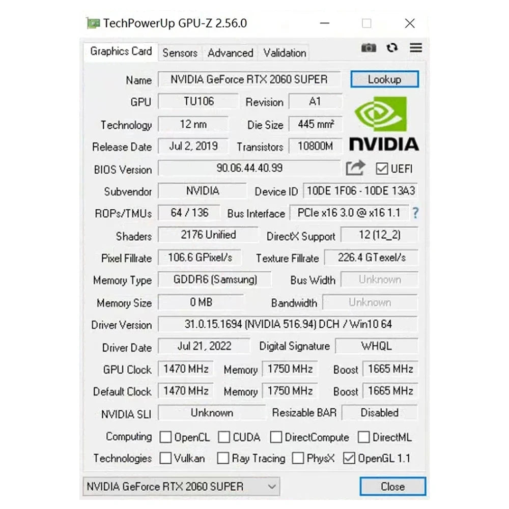 TechPowerUp GPU-Z software window displaying NVIDIA GeForce RTX 2060 SUPER graphics card information.
