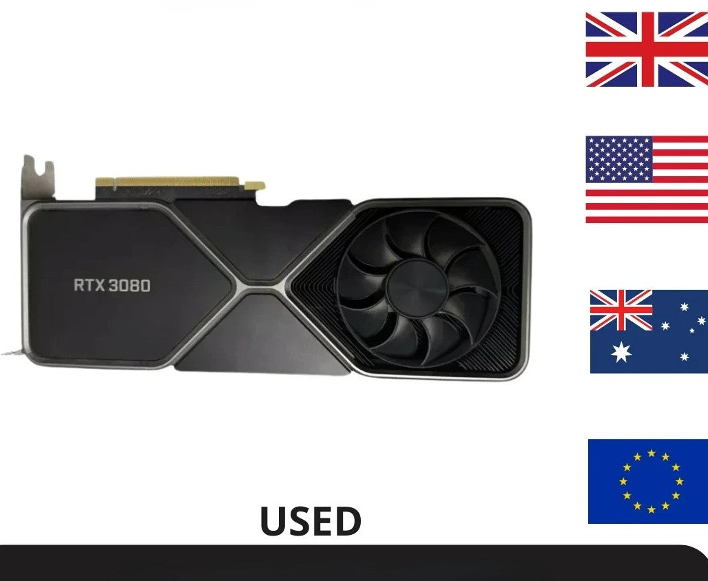 Used NVIDIA RTX 3080 graphics card with flags of different countries on a white background