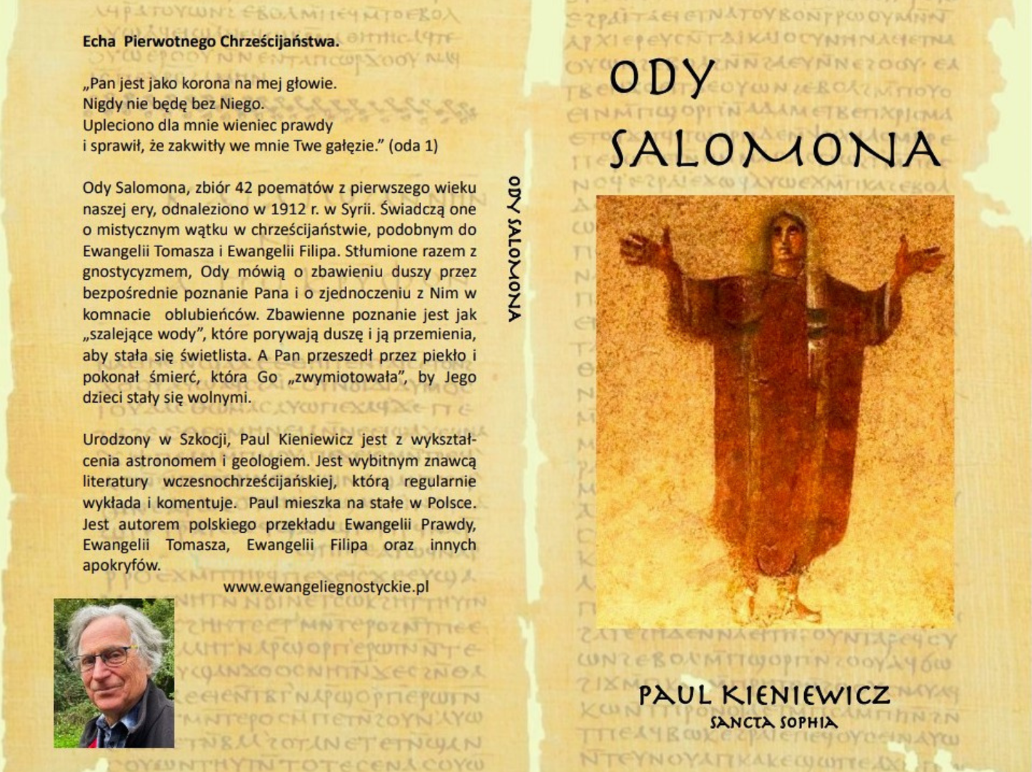 Front, book spine and back cover of "Ody Salomona" showing the Polish synopsis, author biography, and professional headshot on a thematic Old Coptic papyrus texture on flat layout.