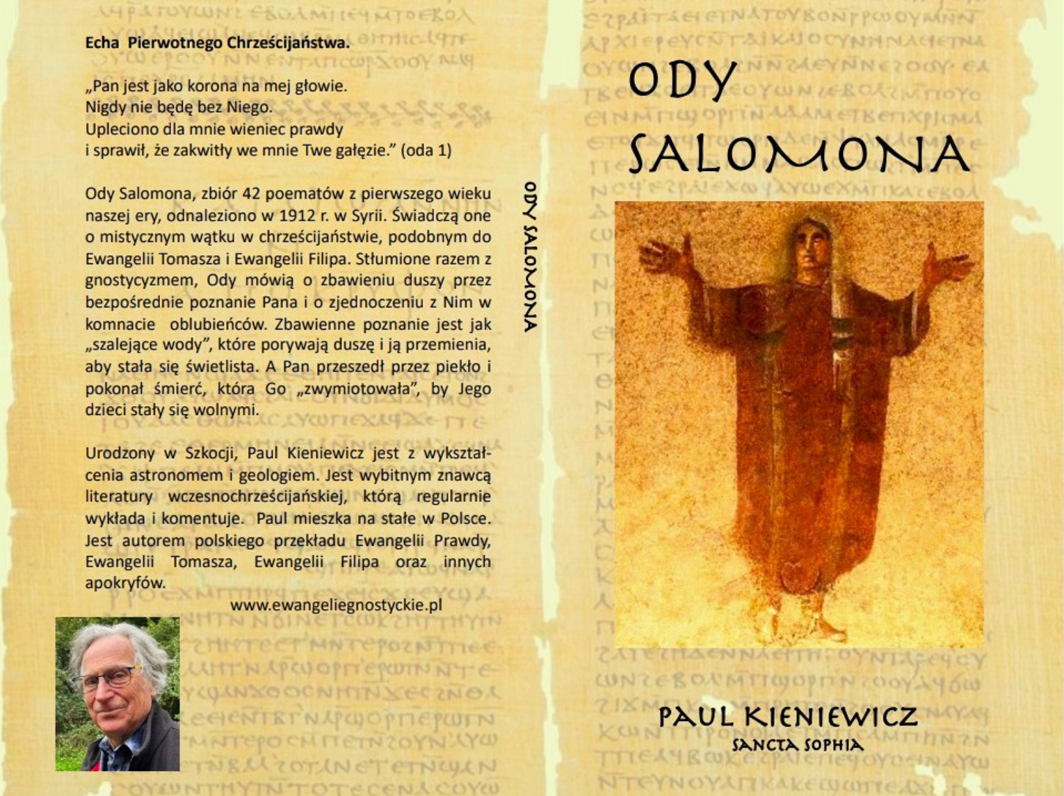Front, book spine and back cover of "Ody Salomona" showing the Polish synopsis, author biography, and professional headshot on a thematic Old Coptic papyrus texture on flat layout.