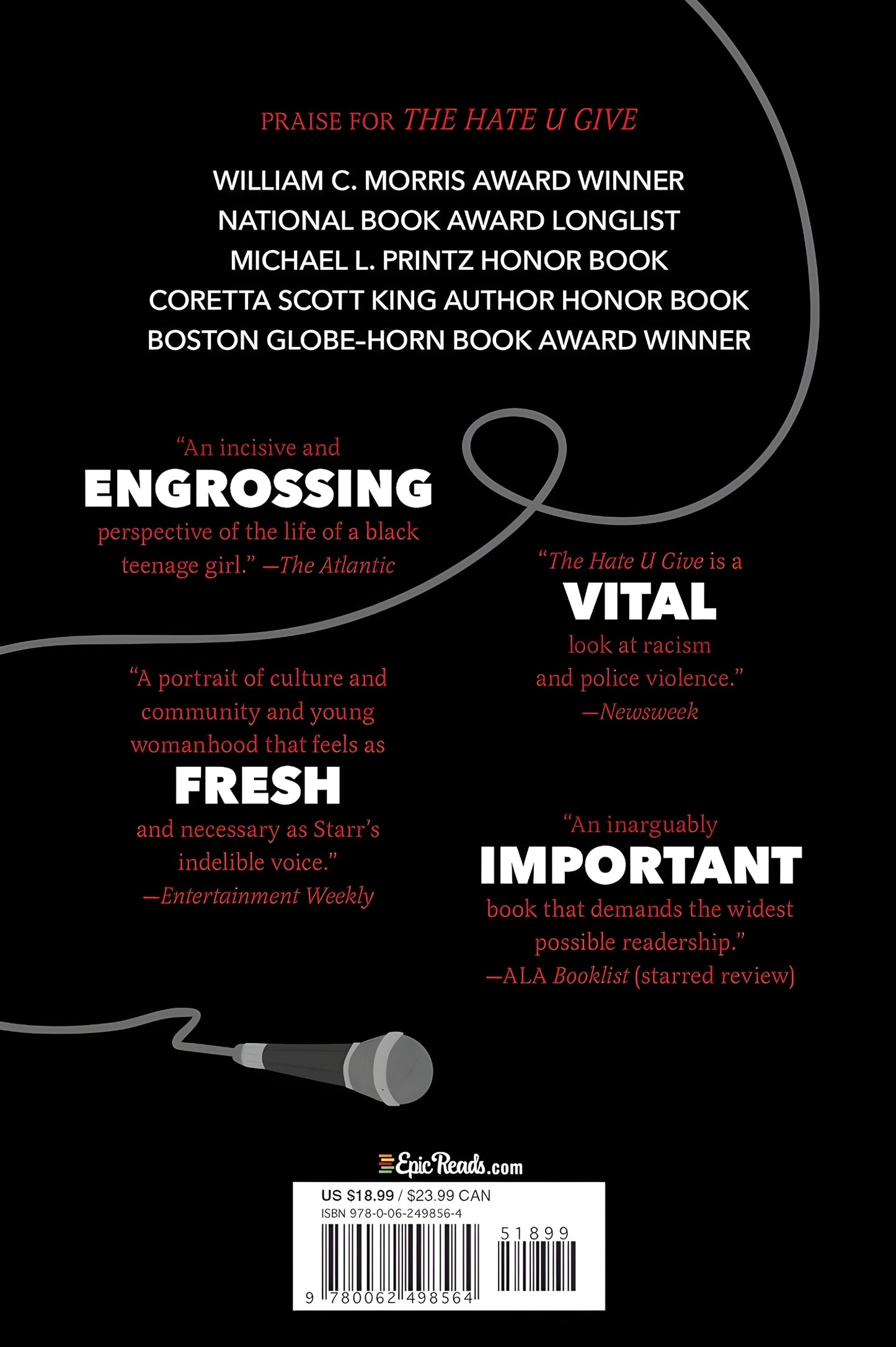 Book back cover of Angie Thomas's On the Come Up, with text praising 'The Hate U Give' and a microphone graphic on a black background.