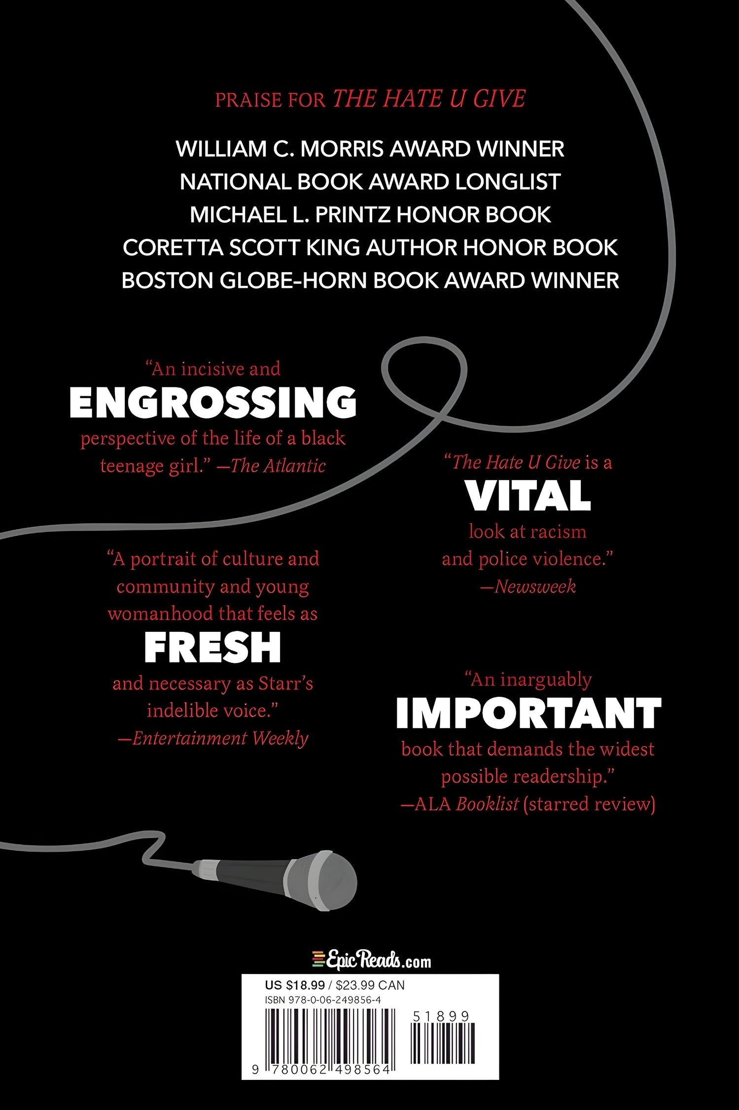 Book back cover of Angie Thomas's On the Come Up, with text praising 'The Hate U Give' and a microphone graphic on a black background.