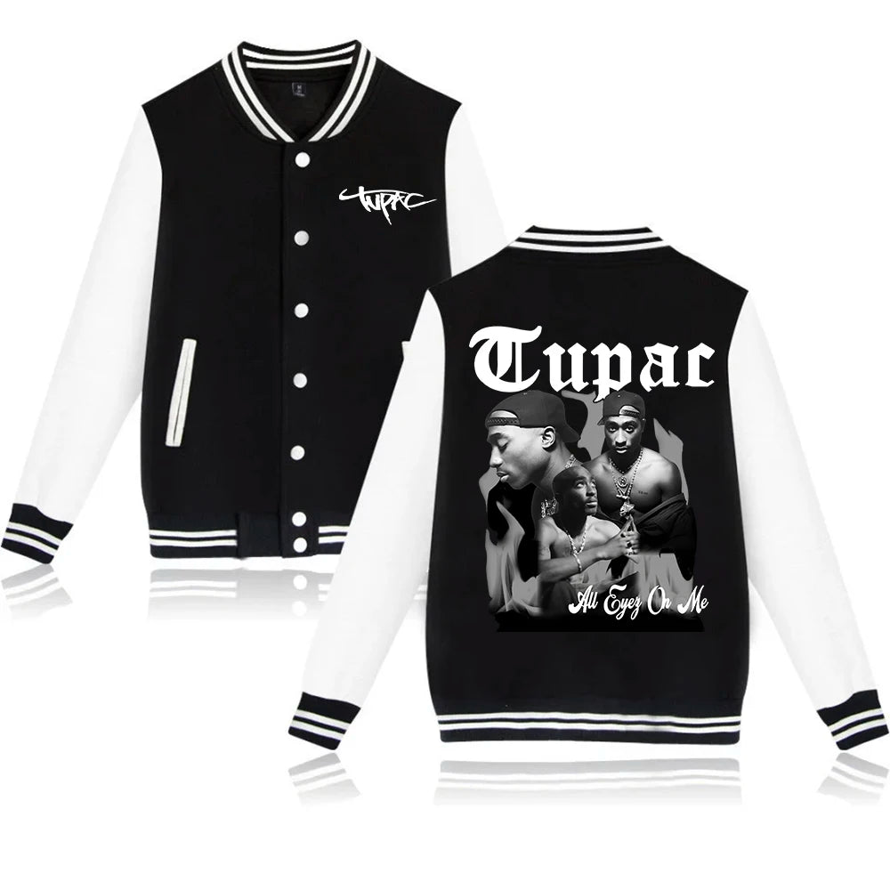 Black and white varsity jacket with Tupac Shakur design on a white background
