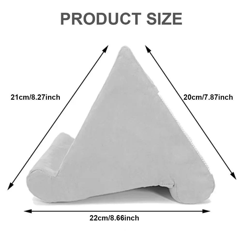 Gray triangular 'Pad Prop Pillow Tablet Stand | Soft Sponge Wedge for Reading, Streaming & Gaming' product with measurements on a white background