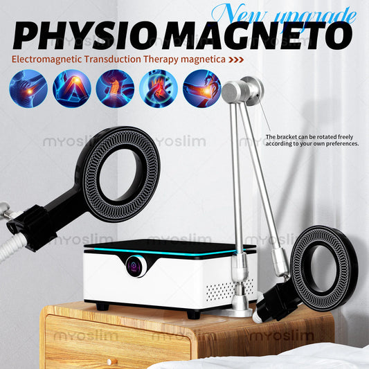 Physio Magneto device with attachments on a wooden surface, featuring text and icons.
